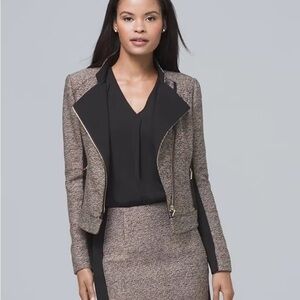 WHBM Petite tweed moto jacket in black with camel